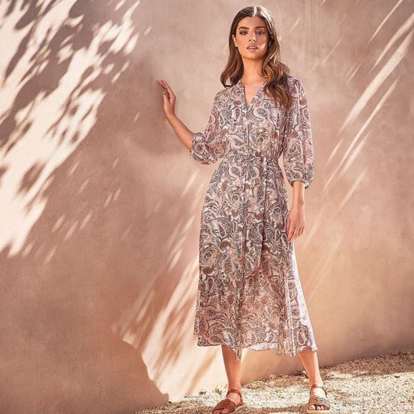 Pink Paisley Long Sleeve Button Down Shirt Midi Dress - Picture 2 of 8